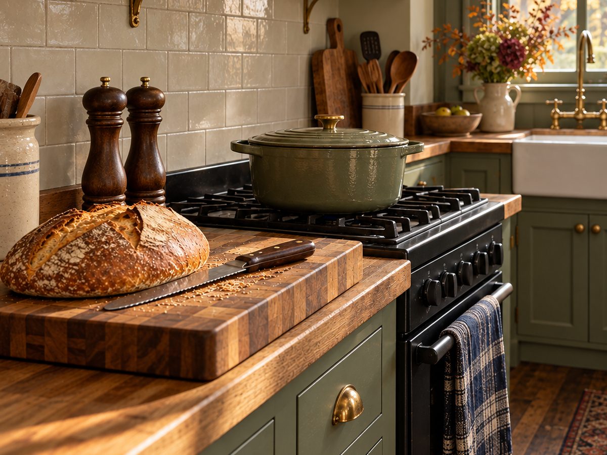 A lived-in farmhouse kitchen with sage-green cabinets, a green enameled Dutch oven on a black range, an end-grain butcher block with sourdough, tall wooden mills and copper pots on open shelves